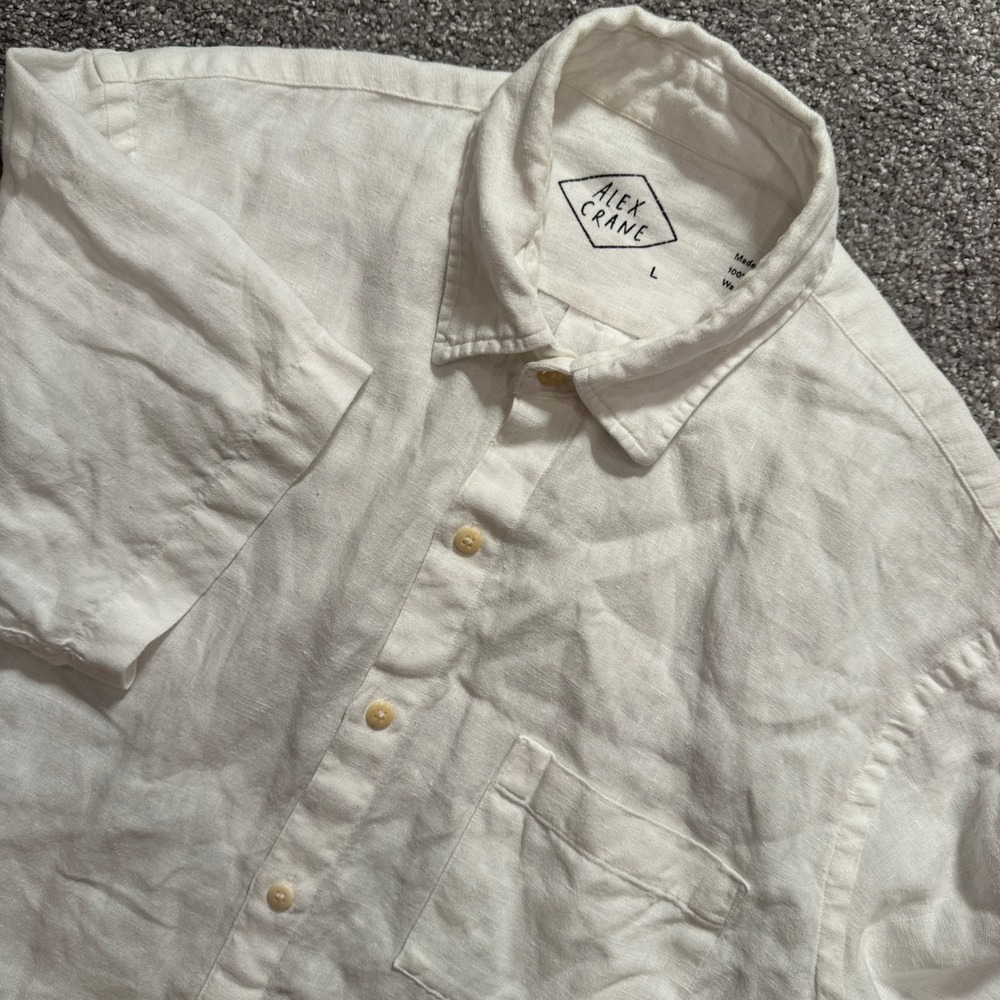 Alex Crane Shirt Mens Large White Linen Short Sleeve Casual Summer Minimalist
